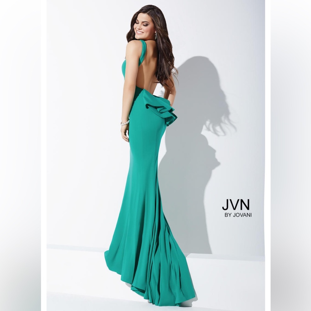 JOVANI green open back bustle train prom pageant event gala formal gown dress